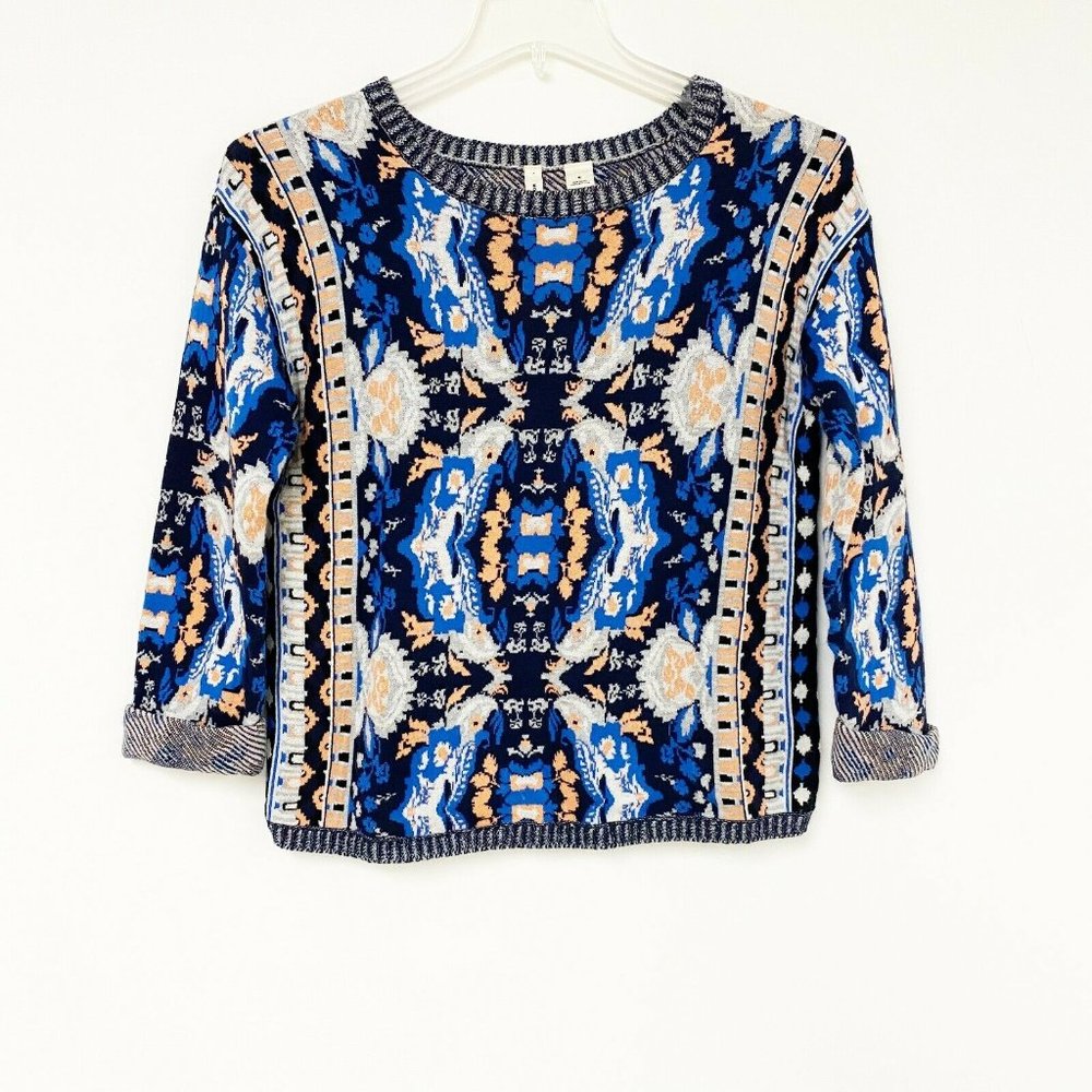 Anthro Moth Blue White Antica Parrot Sweater MD